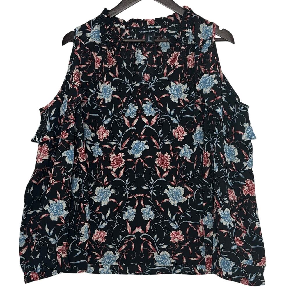 Cynthia Rowley Floral Blouse Womens M Black Cold Shoulder Ruffle Boho
